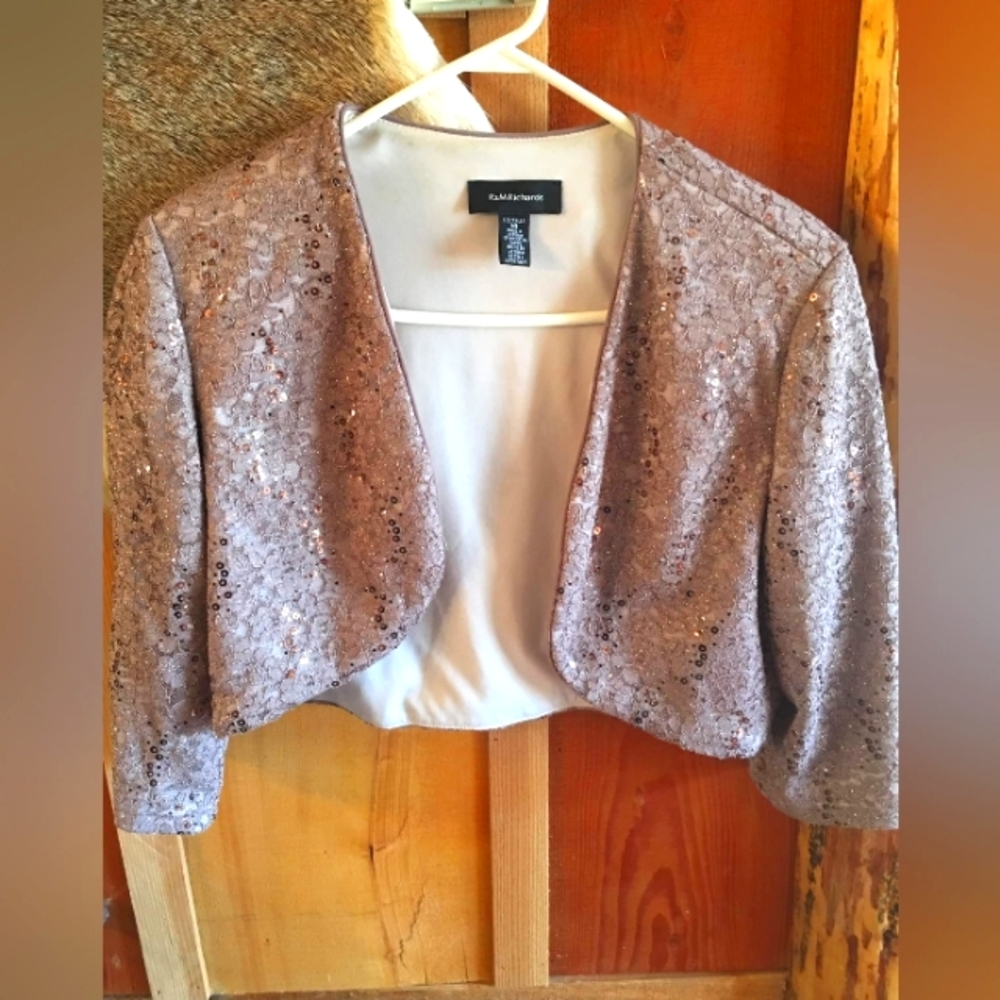 R&M Richards  3/4 Sleeve Gold Cropped Sequin Evening Shrug